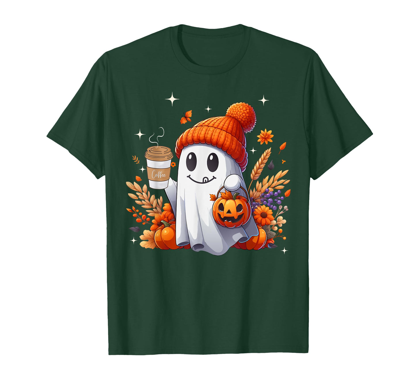 Men Women Autumn Cute Ghost Drinking Coffee Spooky Halloween T-Shirt