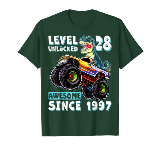 Level 28 Unlocked T Rex Monster Truck Dinosaur 28th Birthday T-Shirt