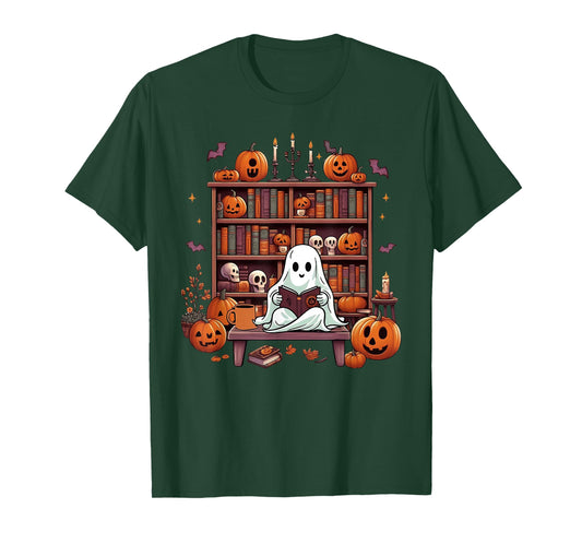 Funny Ghost Book Reading Books Lover Teacher Happy Halloween T-Shirt