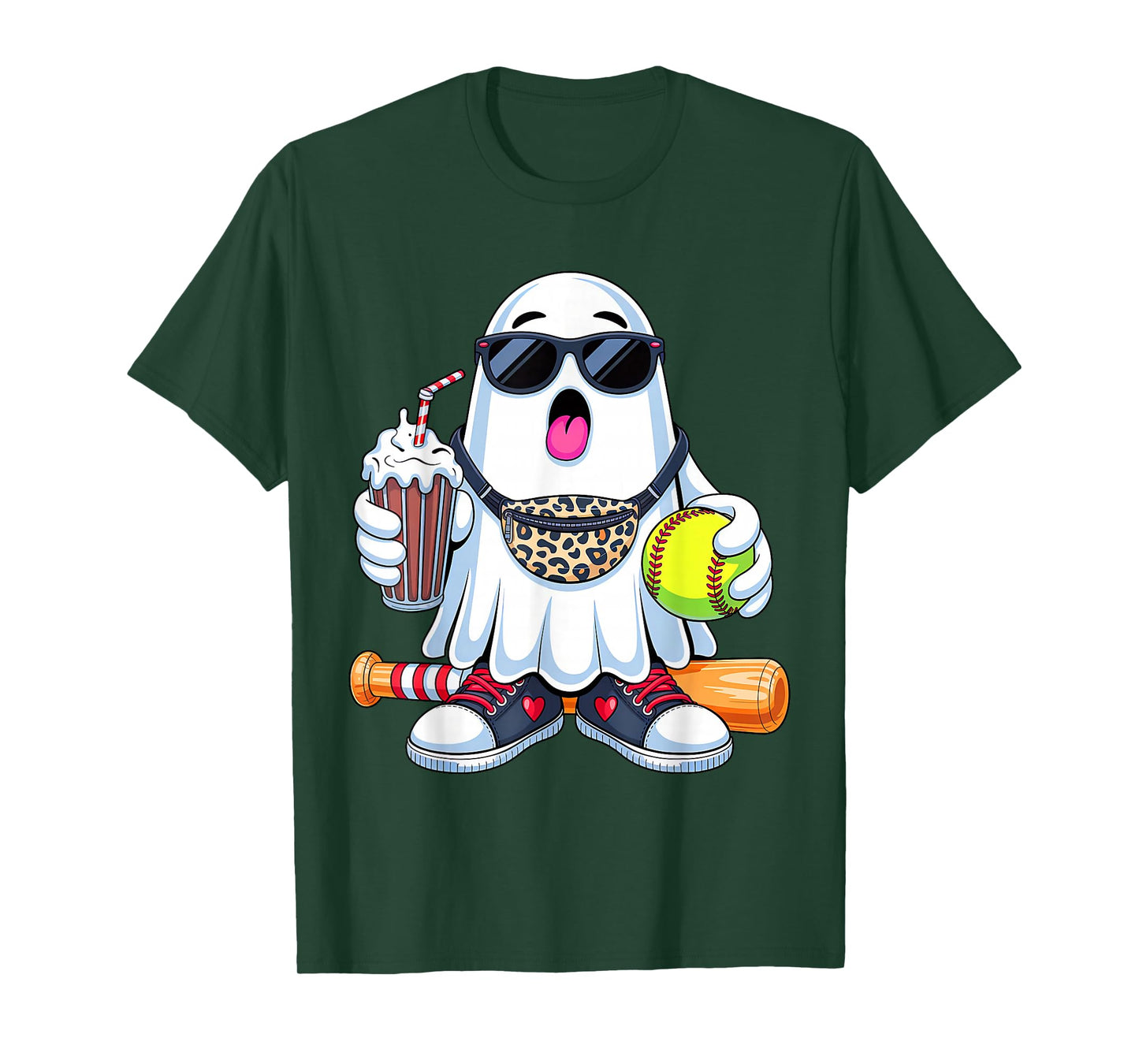 Funny Ghost Softball Boo Coffee Halloween Mens Womens Kids T-Shirt