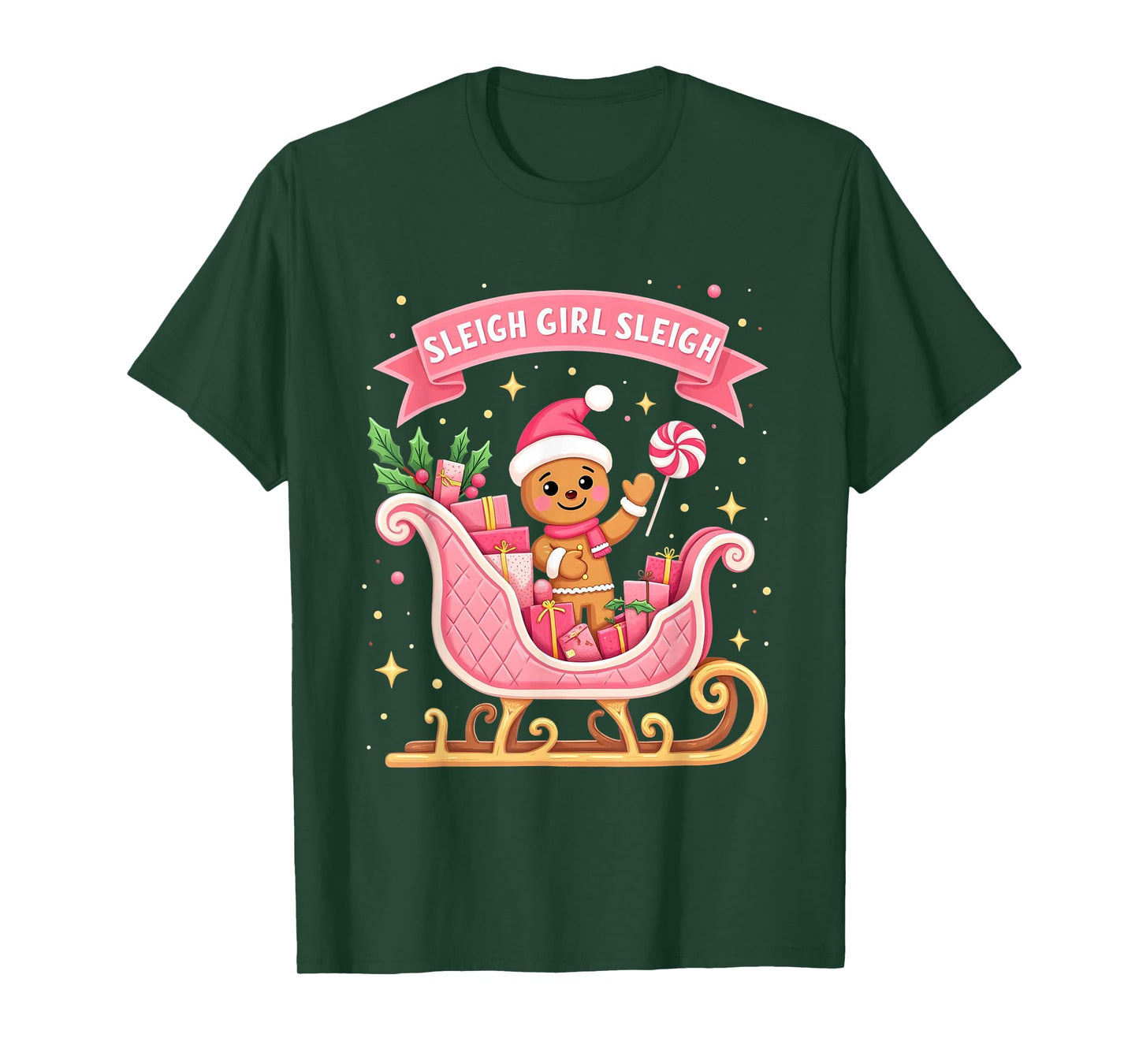 Pink Christmas Candy Sleigh Girl Gingerbread Holiday Party T-Shirt
