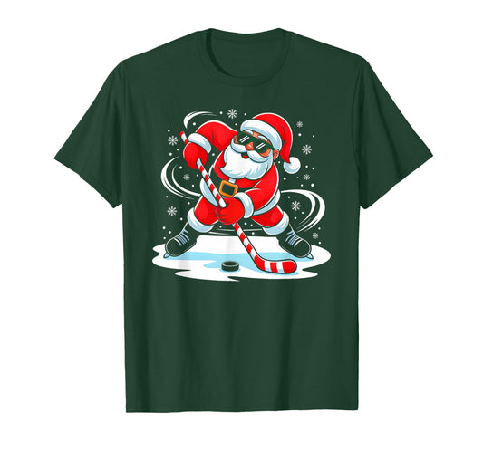 Funny Christmas Ice Hockey Santa Xmas Pajamas Men Boys Kids T-Shirt