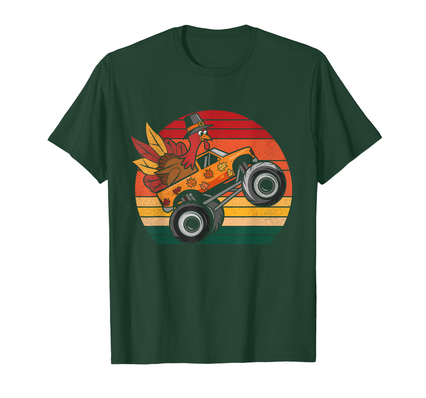 Kids Monster Truck Turkey Sunset Retro Thanksgiving Boy Kid T-Shirt