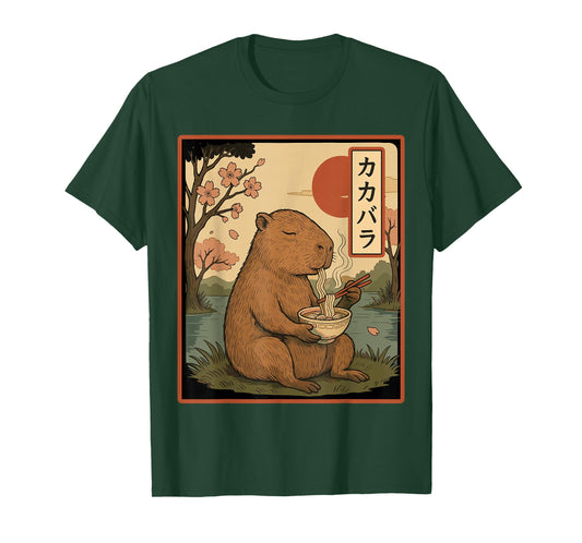 Cute Capybara Eating Ramen, Kawaii Japanese Noodle Bowl T-Shirt