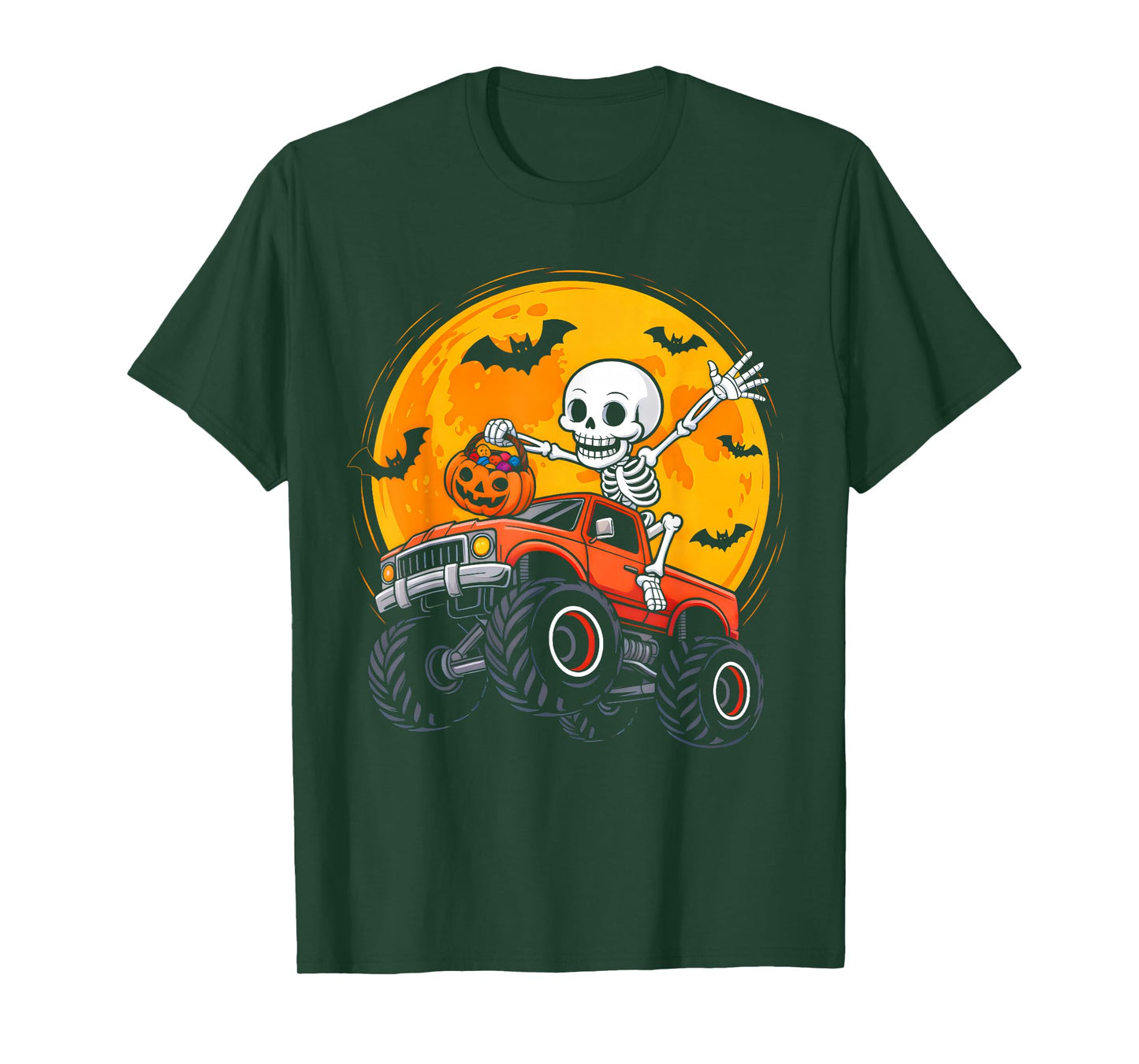 Skeleton Monster Truck Moon Pumpkin Halloween Boys Kids T-Shirt
