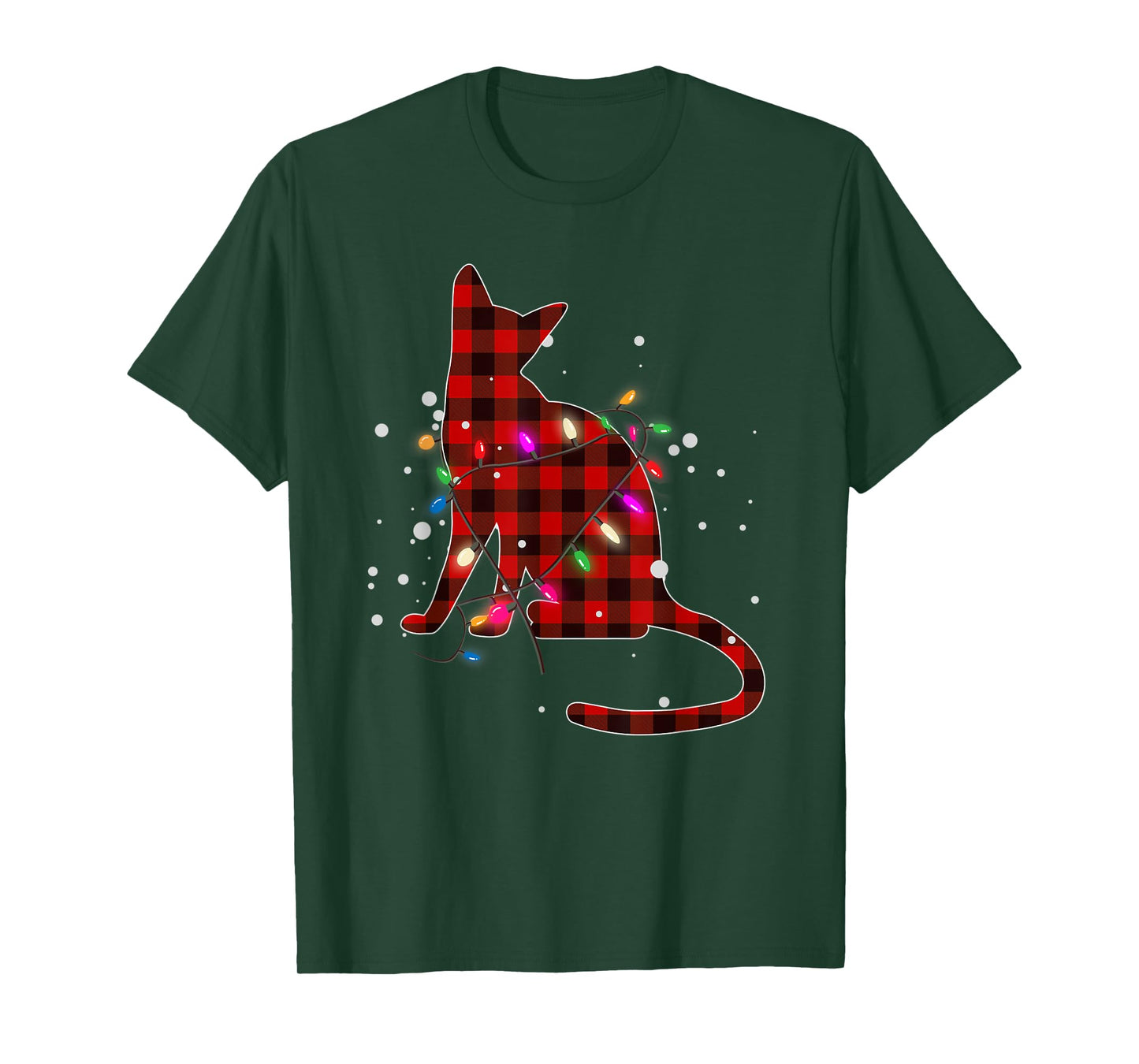 Red Buffalo Plaid Cat Christmas Pajamas Xmas Tree Lights T-Shirt for Men Women Kids