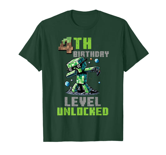 4th Birthday Level Unlocked Pixel Dab 4 Bday Gamer Boys Kids T-Shirt