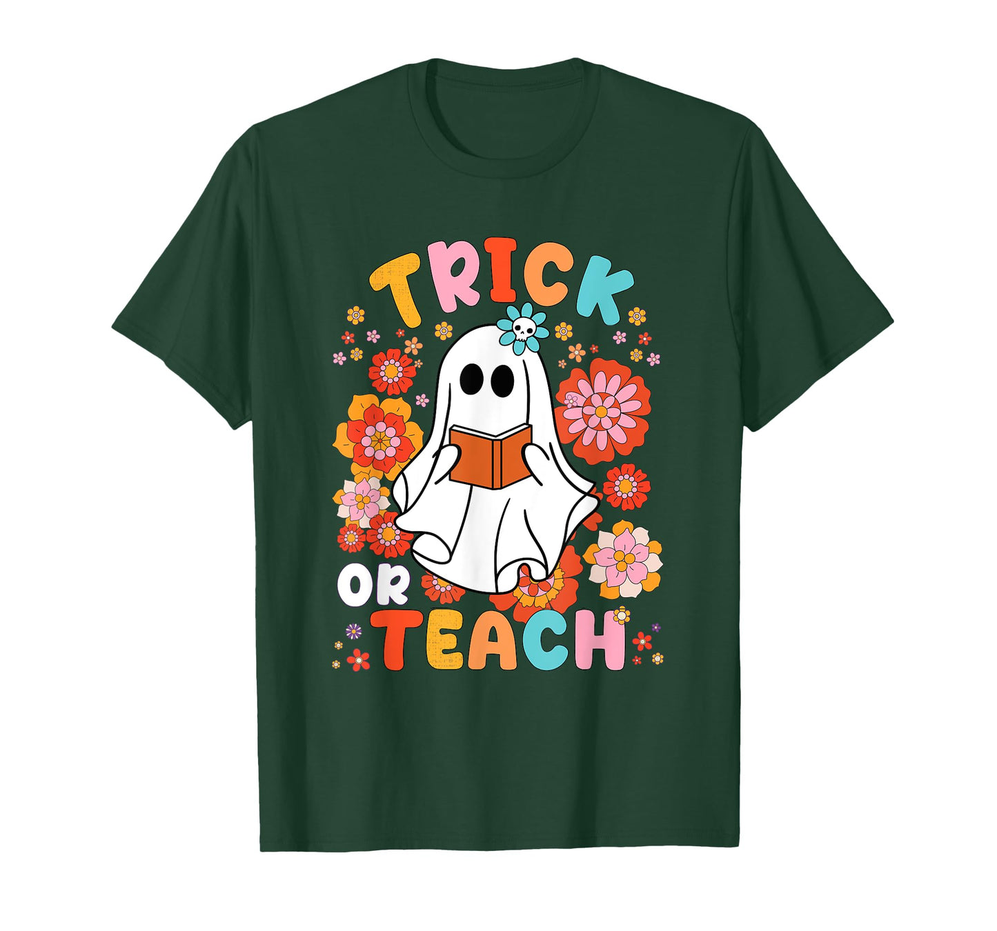 Groovy Halloween Trick or Teach Retro Floral Ghost Teacher T-Shirt for Men Women Kids
