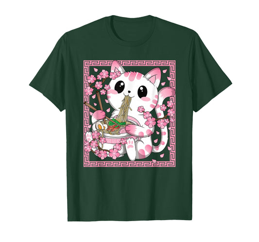 Kawaii Cat Ramen Anime Japanese Cherry Blossom Women Girls T-Shirt