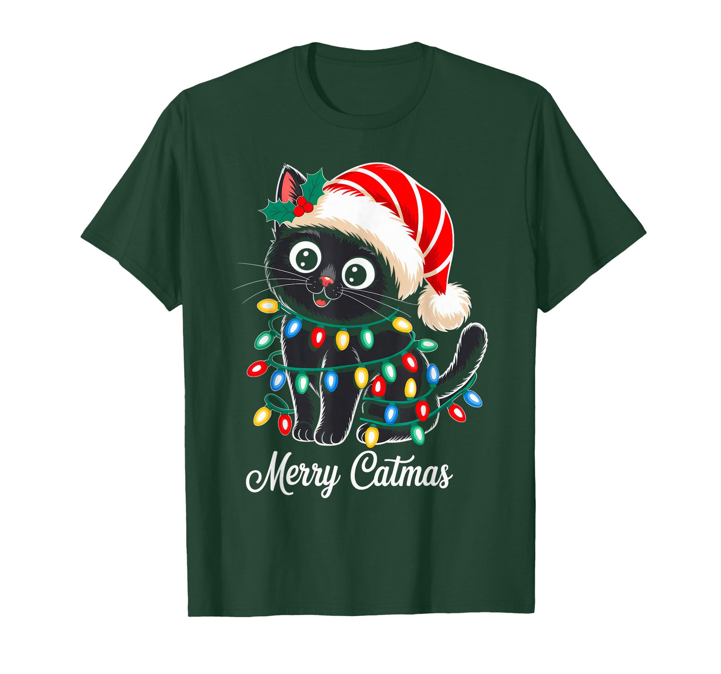 Cute Black Cat Christmas Lights Santa Hat Xmas Merry Catmas T-Shirt