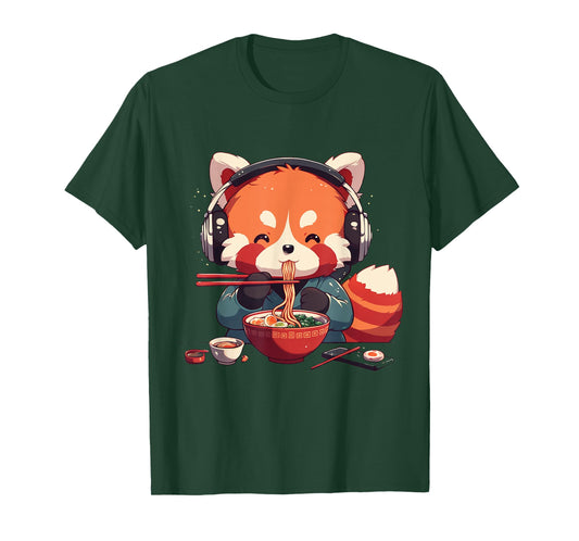Kawaii Anime Red Panda Eating Ramen Noodles T-Shirt