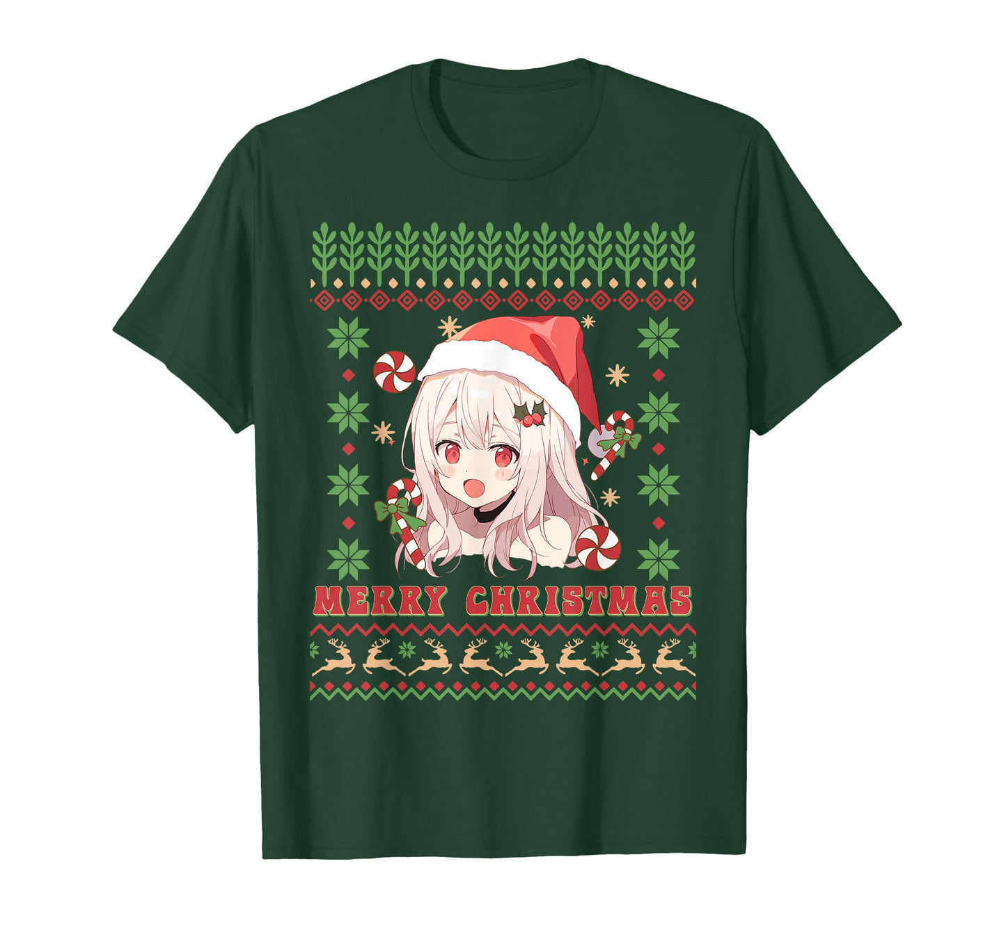 Cute Anime Girl Santa Hat Otaku Ugly Sweater Merry Christmas T-Shirt