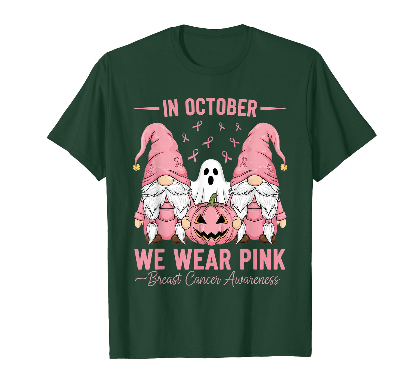 in October We Wear Pink Breast Cancer Gnomes Halloween Ghost T-Shirt