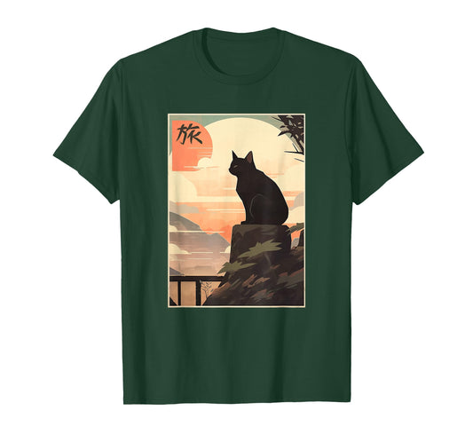 Vintage Japanese Scenery Kanji Writing Journey Black Cat T-Shirt