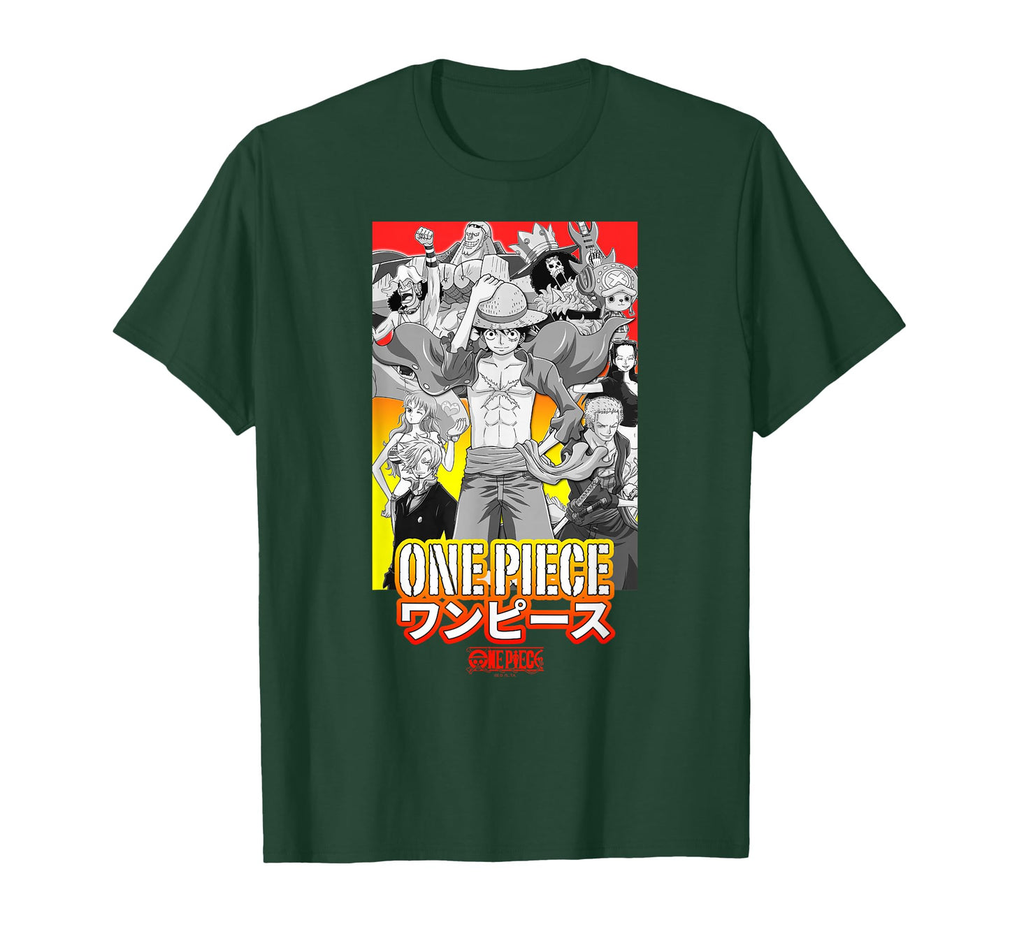 One Piece Anime Character Collage with Stencil Logo T-Shirt