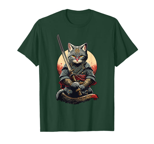 Retro Japanese Warrior Katana Ninja Cat, Samurai Kitten T-Shirt