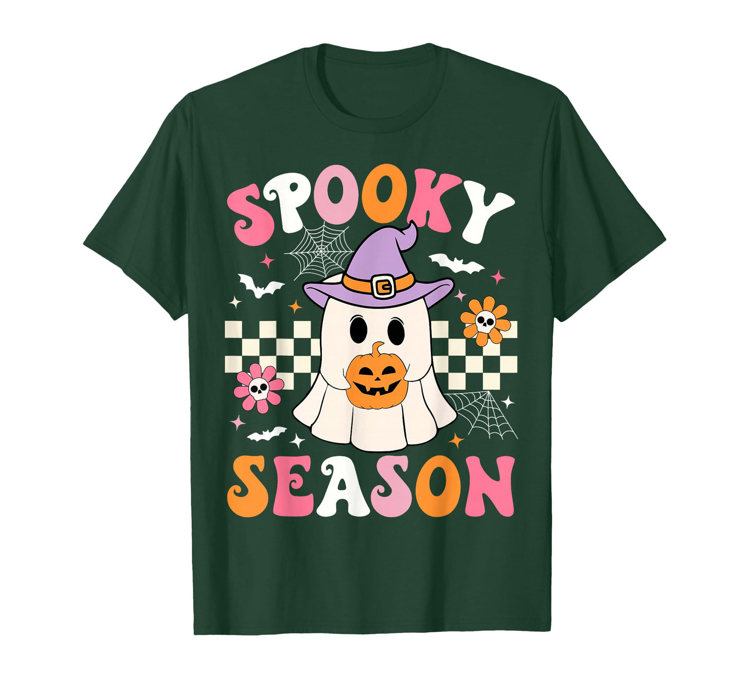 Spooky Season Ghost Holding Pumpkin Groovy Halloween Ghost T-Shirt