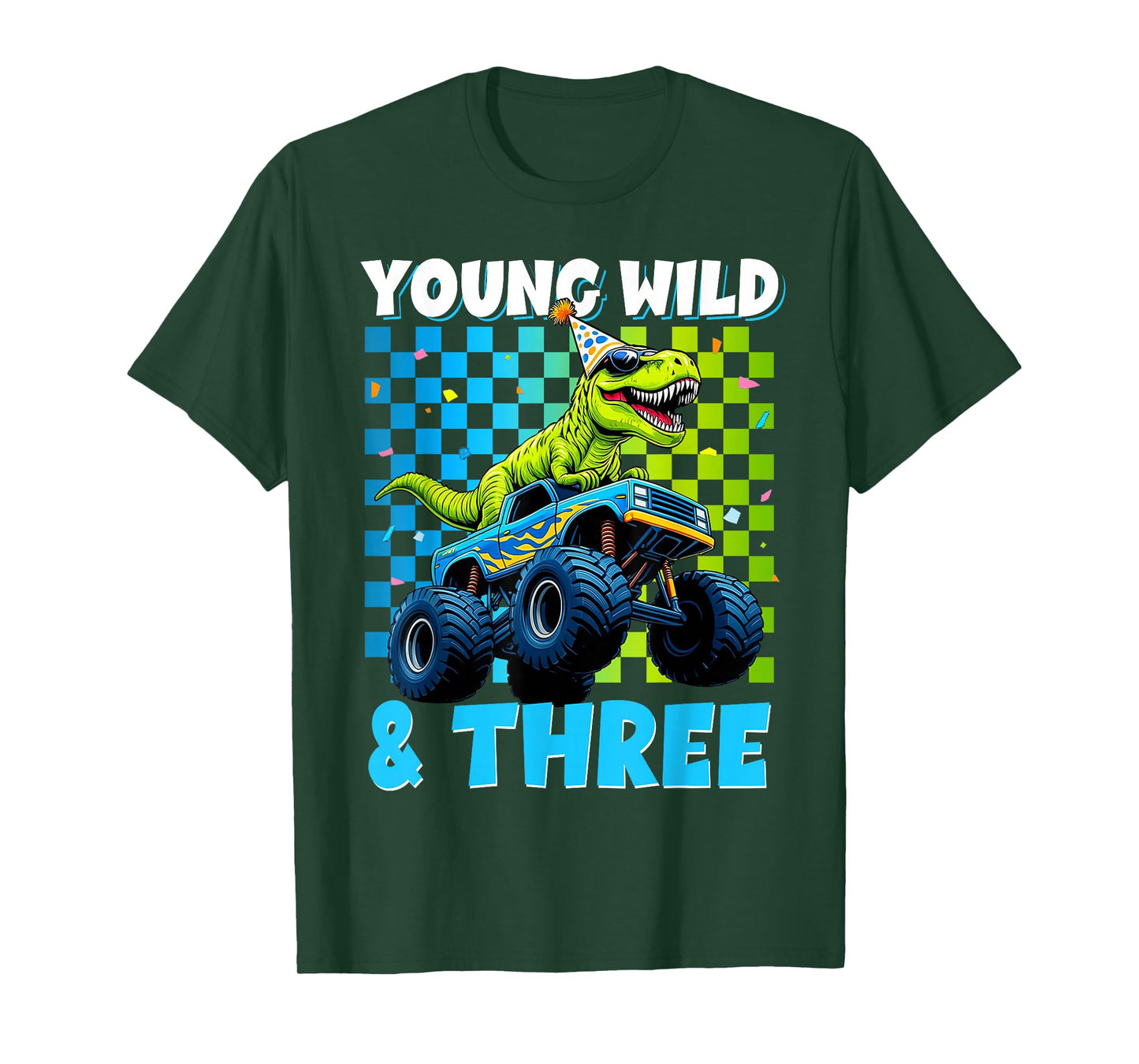 3rd Birthday Monster Truck Young Wild and Three Dinosaur T-Shirt
