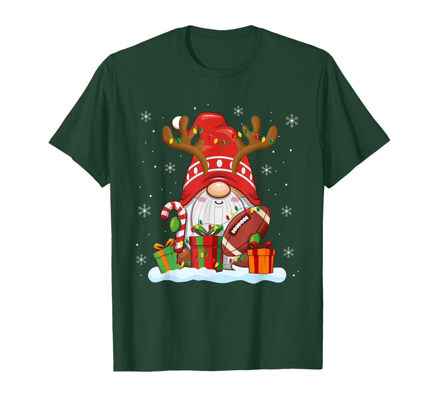 Funny Reindeer Gnome Football Player Christmas Lights T-Shirt