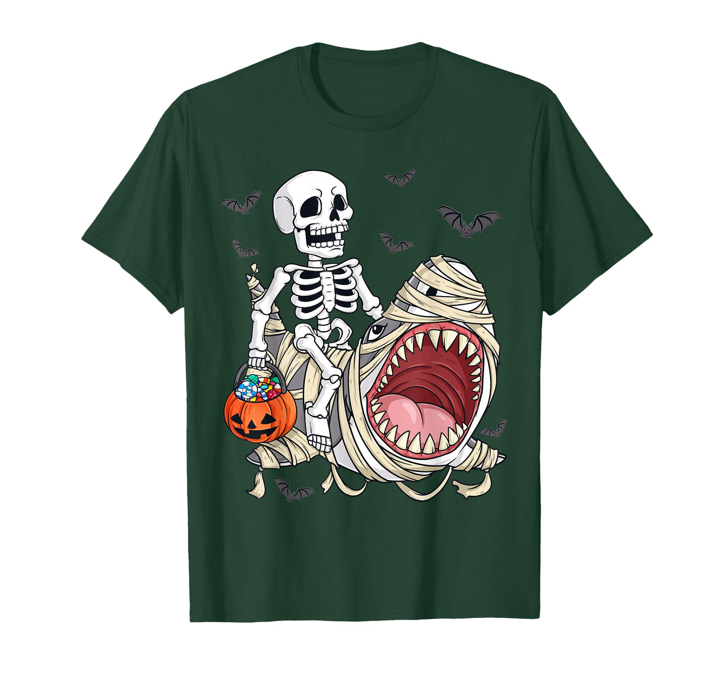 Skeleton Riding Mummy Shark Funny Halloween Pumpkin Kids T-Shirt
