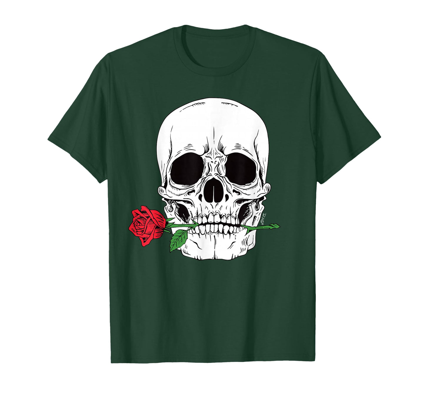 Skull Head Face Red Rose Rock n Roll Cool Skeleton T-Shirt