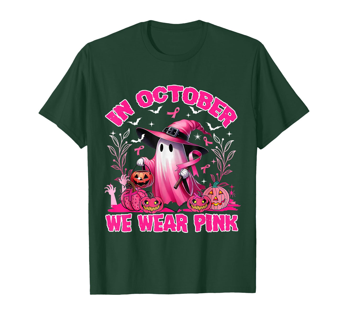 In October We Wear Pink Ghost Witch Breast Cancer Awareness T-Shirt