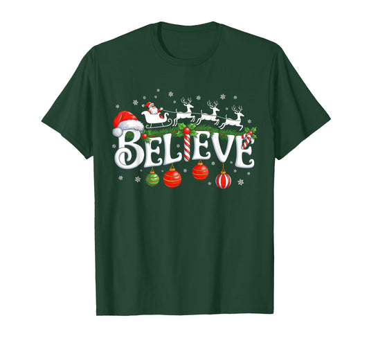 Believe Christmas Santa Claus Reindeer Candy Cane Xmas Vibes T-Shirt