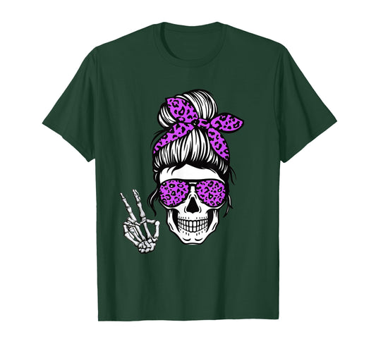 Boho Skeleton Messy Bun Bandana Halloween Apparel For Mom T-Shirt
