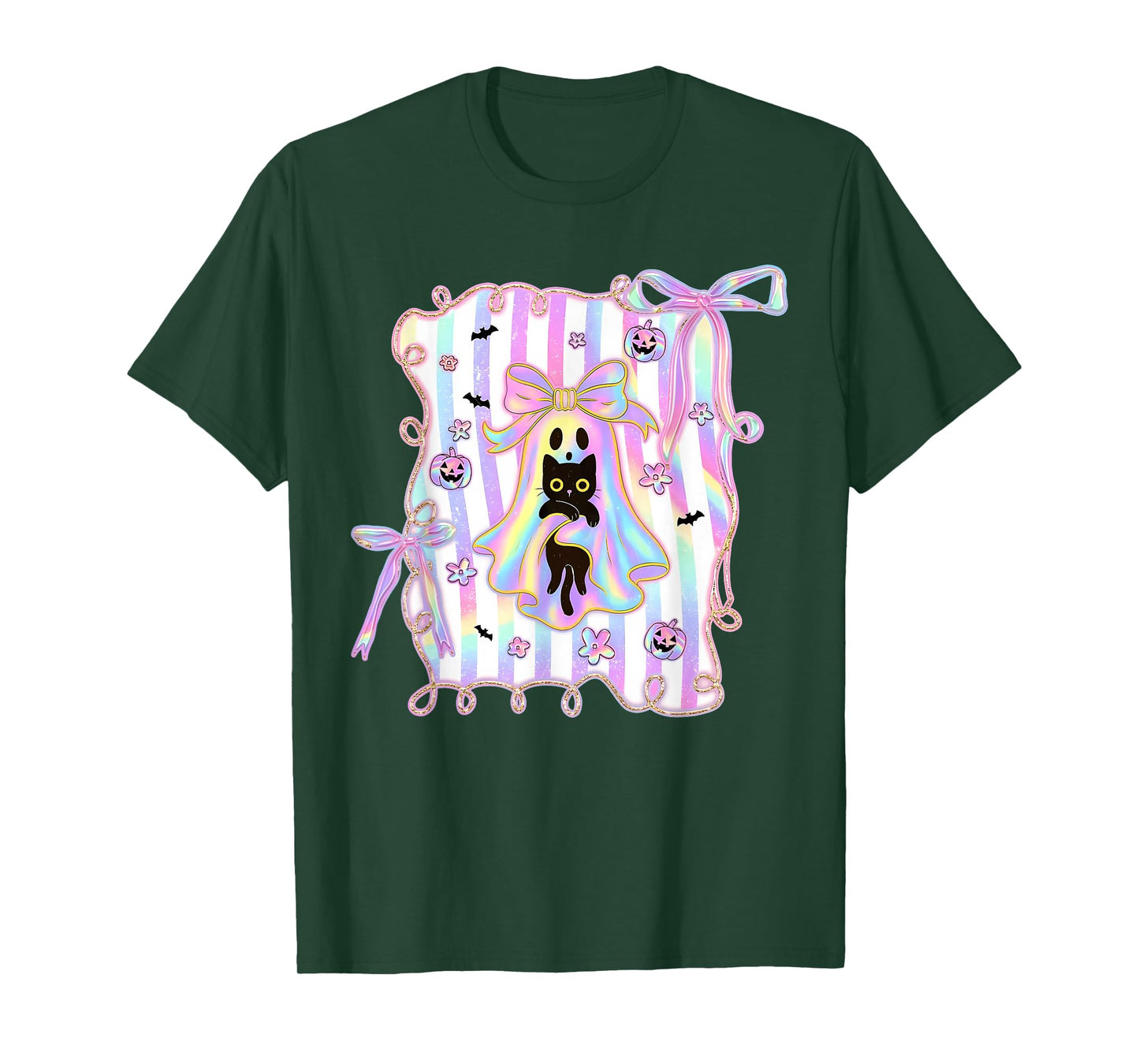 Ghost Holding Black Cat Pumpkin Coquette Halloween T-Shirt