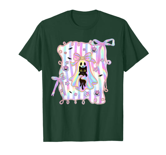 Ghost Holding Black Cat Pumpkin Coquette Halloween T-Shirt