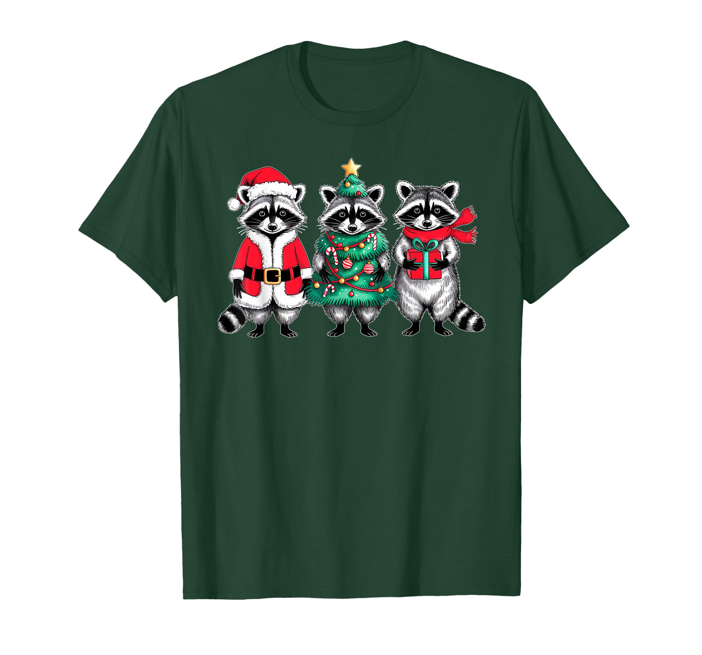 Raccoon Christmas Tree Light Santa Hat Xmas Family Men Women T-Shirt