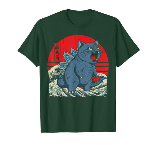 Japanese Cat Monster Waves Funny Catzilla Art Women Men Kids T-Shirt