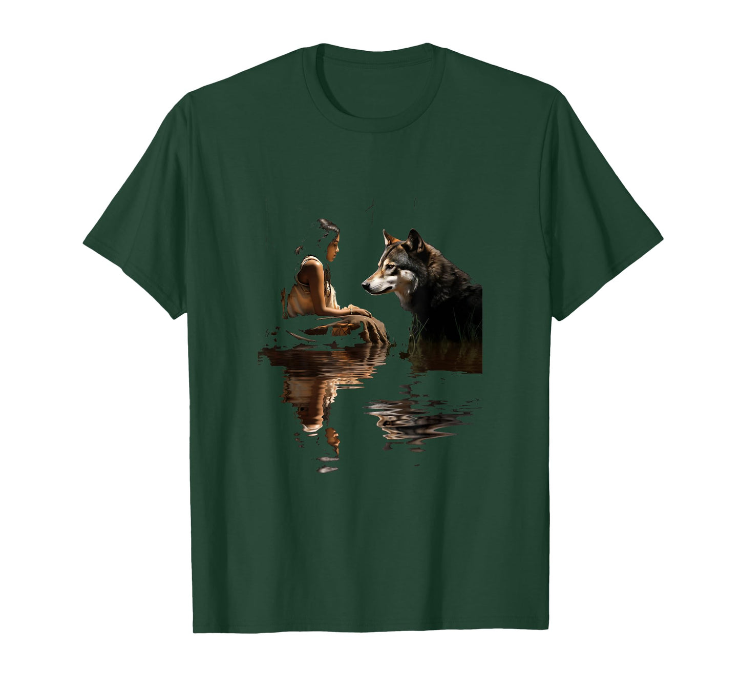 Native American Woman Girl and Wolf In The Lake Indian T-Shirt