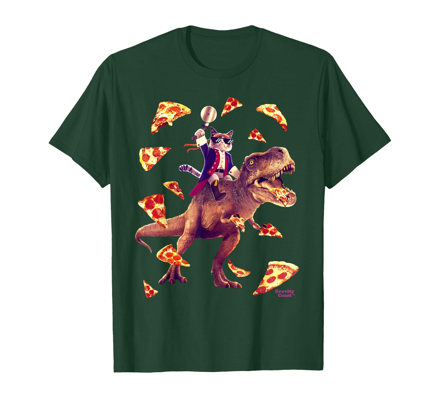 Samurai Cat Riding T Rex Eating Pizza Funny Dino for Kids T-Shirt