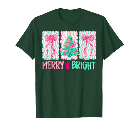 Coquette Bow Christmas Tree Merry and Bright Xmas Holiday T-Shirt