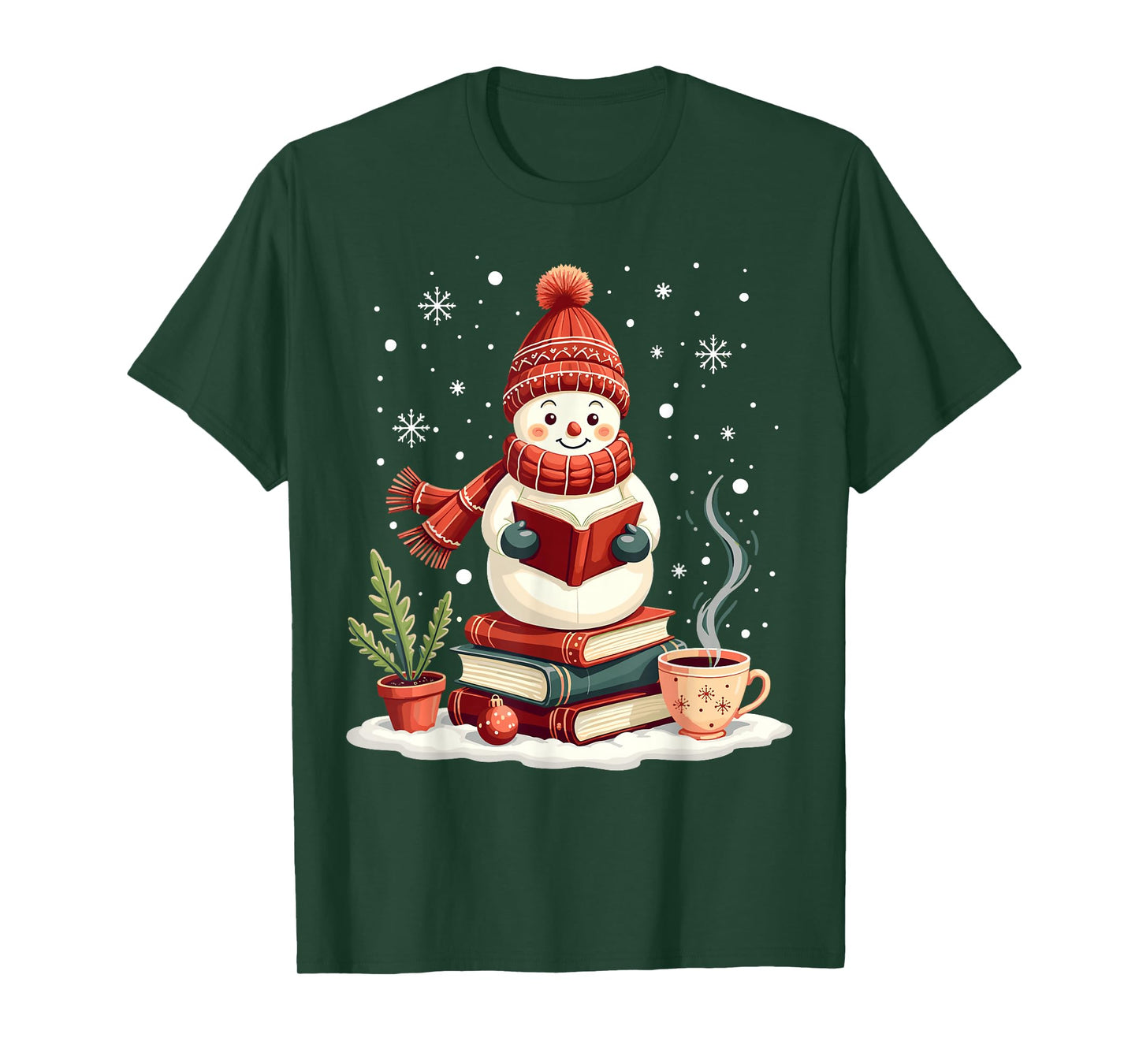 Snowman Reading Book Lovers Christmas Bookworm Librarian T-Shirt