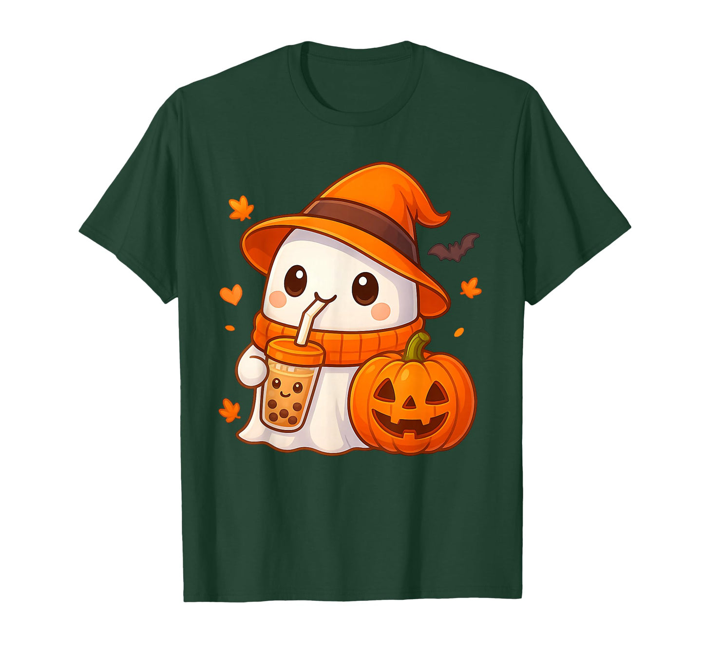 Kawaii Ghost Drinking Pumpkin Boba Tea Cute Ghost Halloween T-Shirt