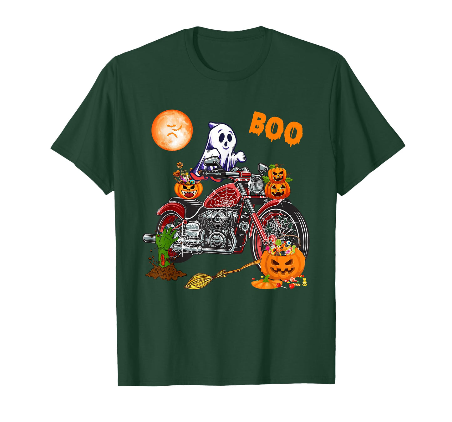 Boo Ghost Riding Motorcycle Horror Candy Bag Carved Pumpkin T-Shirt