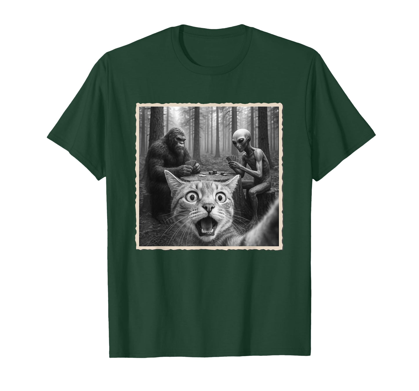 Cat Selfie With Bigfoot & Alien | Funny Scared Cat T-Shirt
