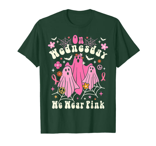 On Wednesday We Wear Pink Ghost Halloween Breast Cancer 2022 T-Shirt