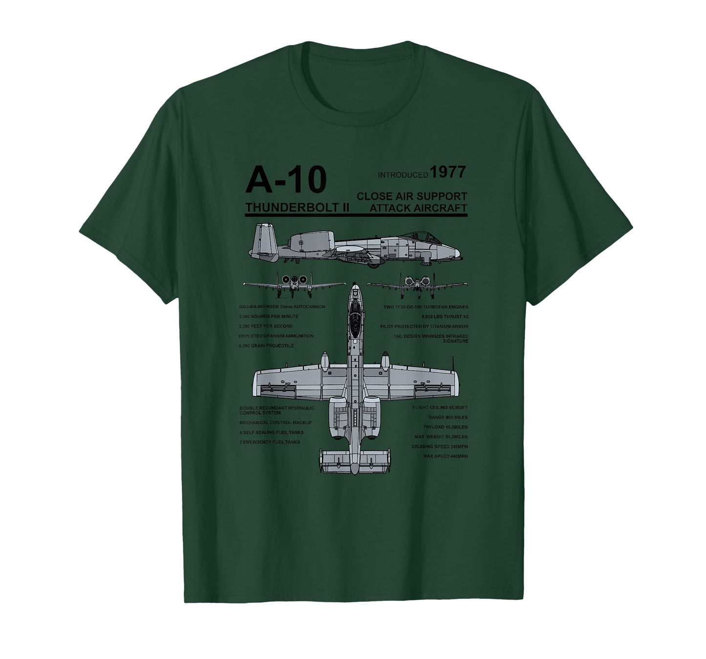 A-10 Thunderbolt II Warthog Military Jet Spec Diagram T-Shirt
