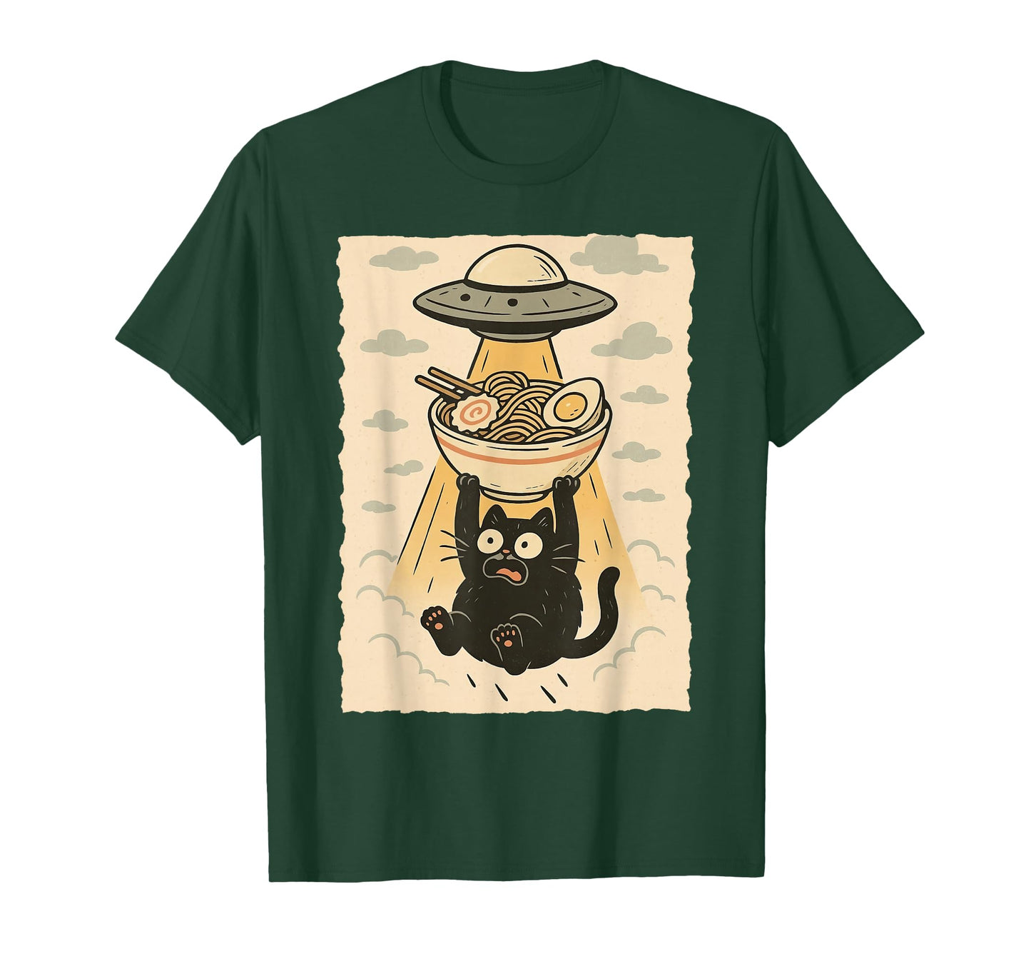 Funny Black Cat UFO Ramen Alien Abduction Graphic Tee Anime T-Shirt