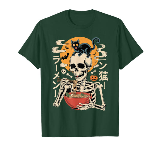 Spooky Skeleton Eating Ramen Bowl with Cat Halloween Art T-Shirt