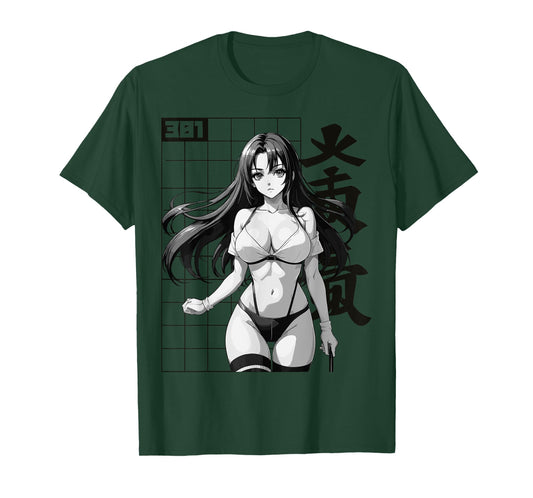 Sexy Waifu Otaku Anime Girl Japanese in Black White Art T-Shirt