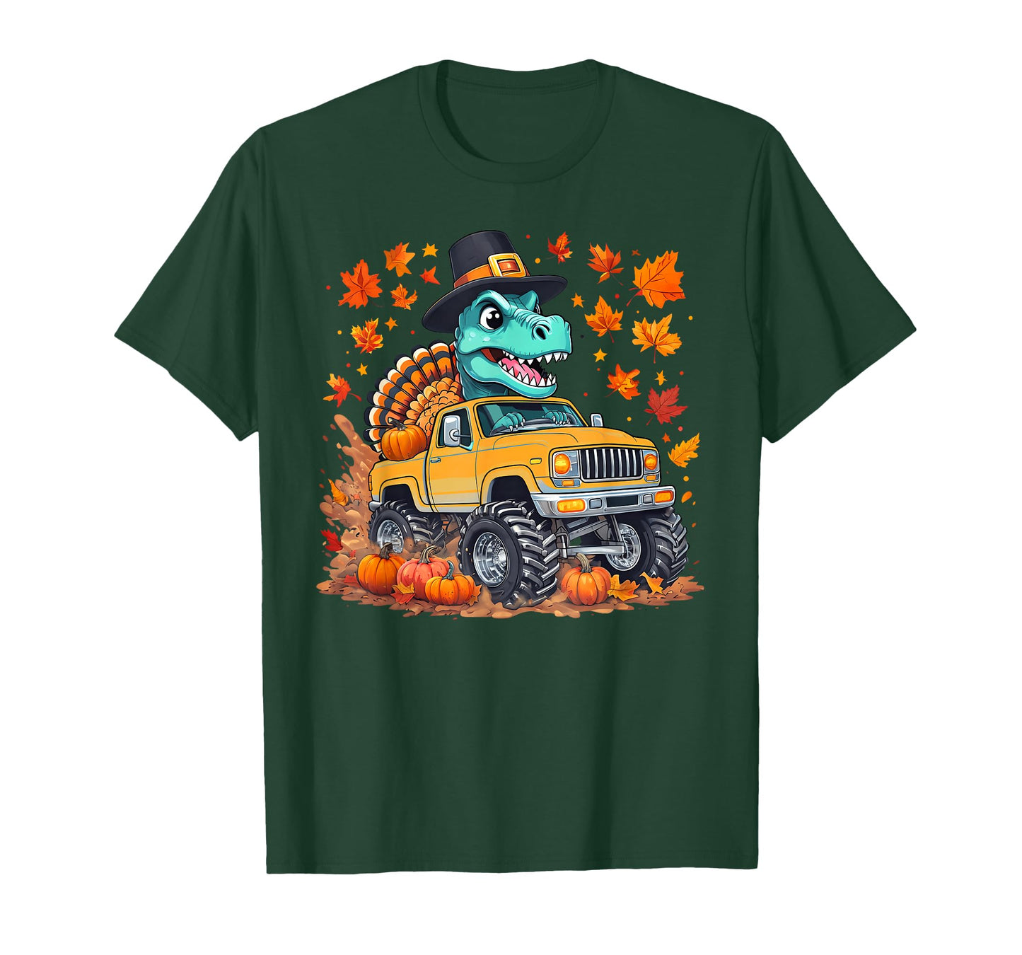 Dinosaur Riding Monster Truck Thanksgiving Kids Boys Toddler T-Shirt