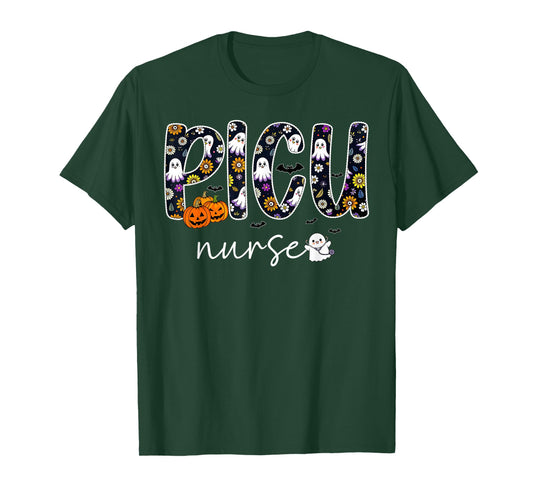 PICU Nurse Pumpkin Ghost Halloween Pediatric ICU RN T-Shirt