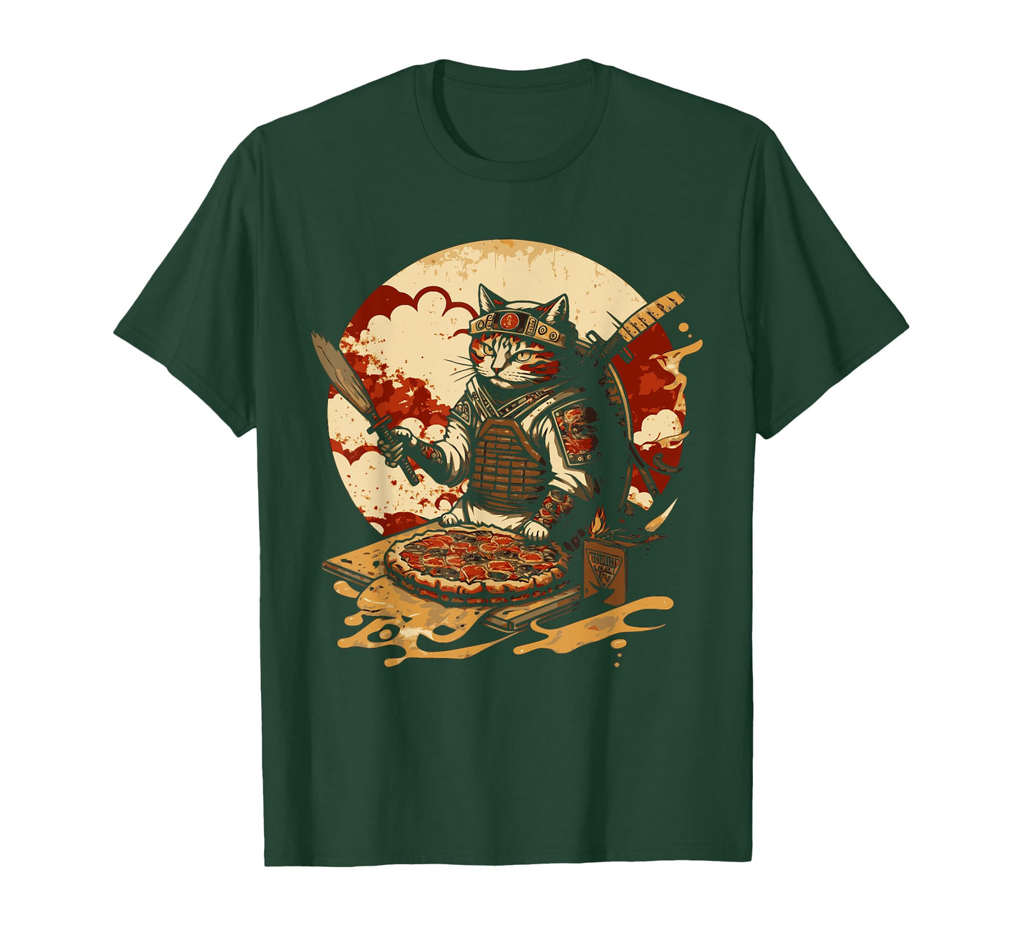 Japanese Sunset Samurai Cat Eat Pizza Anime Ninja Kitten T-Shirt for Men Women