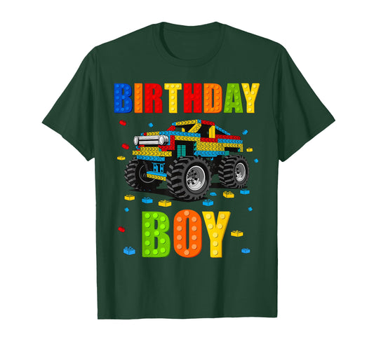 Birthday Boy Building Bricks Monster Truck Birthday Party T-Shirt