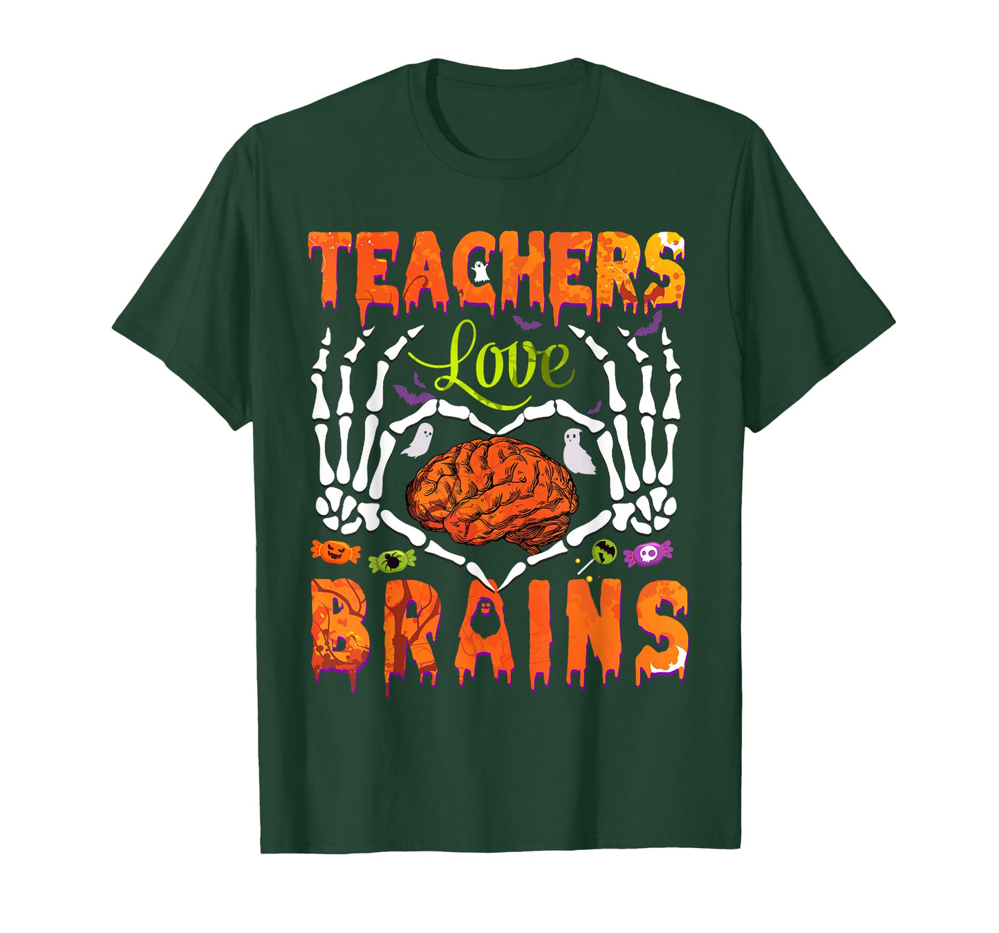 Halloween Heart Skeleton Teachers Love Brains Men Women Kids T-Shirt