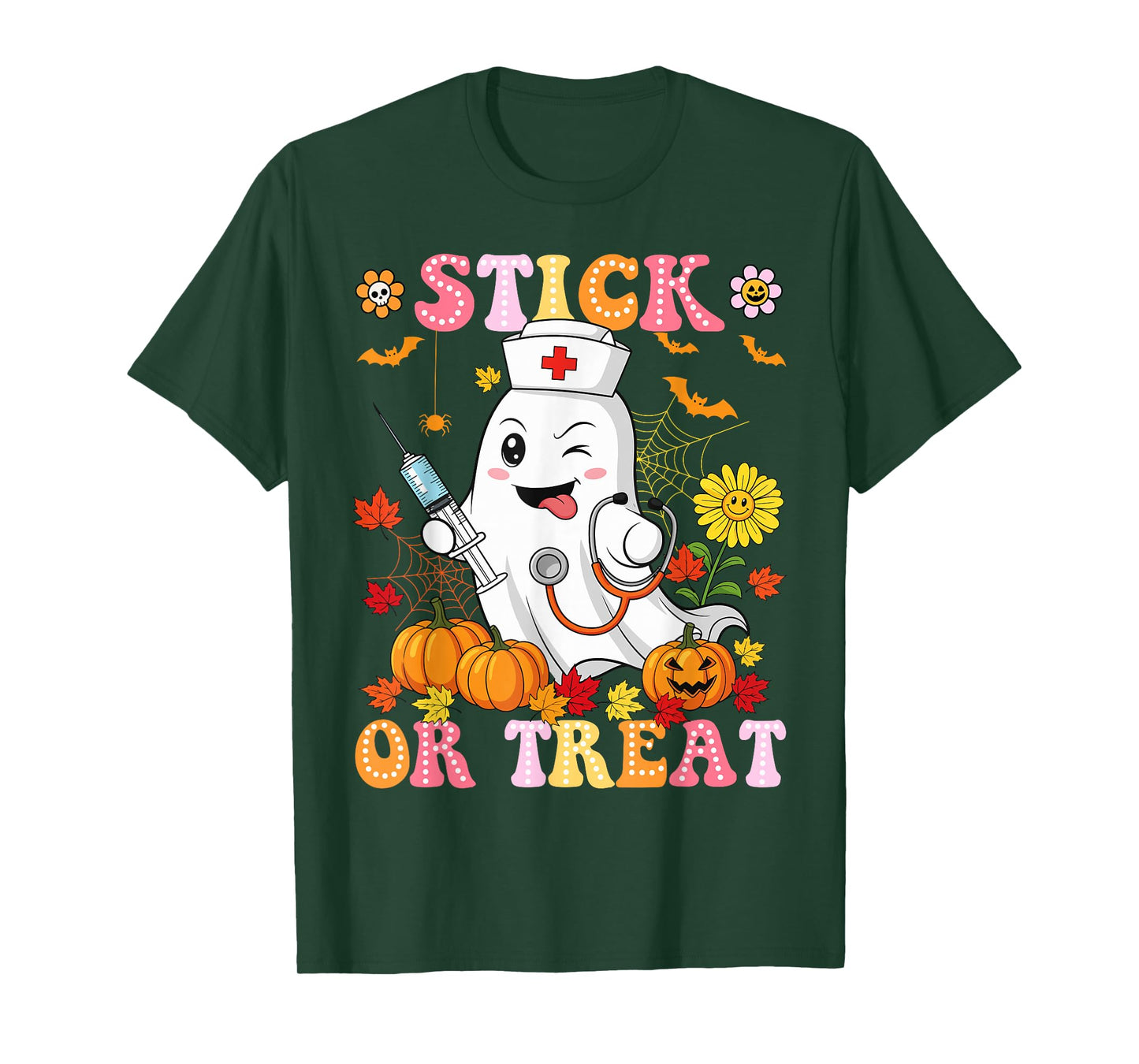 Stick Or Treat Nurse Funny Halloween Costume Boo Ghost Women T-Shirt
